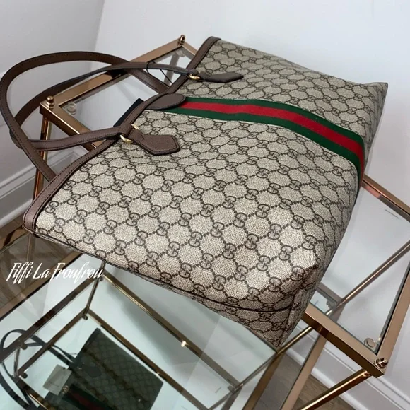 Gucci Beige Monogram Tote with Green and Red Web Stripe and Brown Trim - Picture 5 of 16